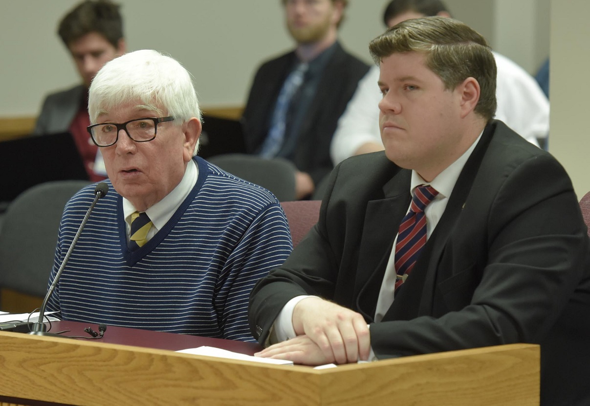 Representative Curtis Trent (right) listens as Jim Wood testifies in favor of HB 697, Hailey's Law.  Wood said it is his son, Craig, who abducted and murdered 10-year-old Hailey Owens, for whom the legislation is named.  (photo; Tim Bommel, Missouri House Communications)